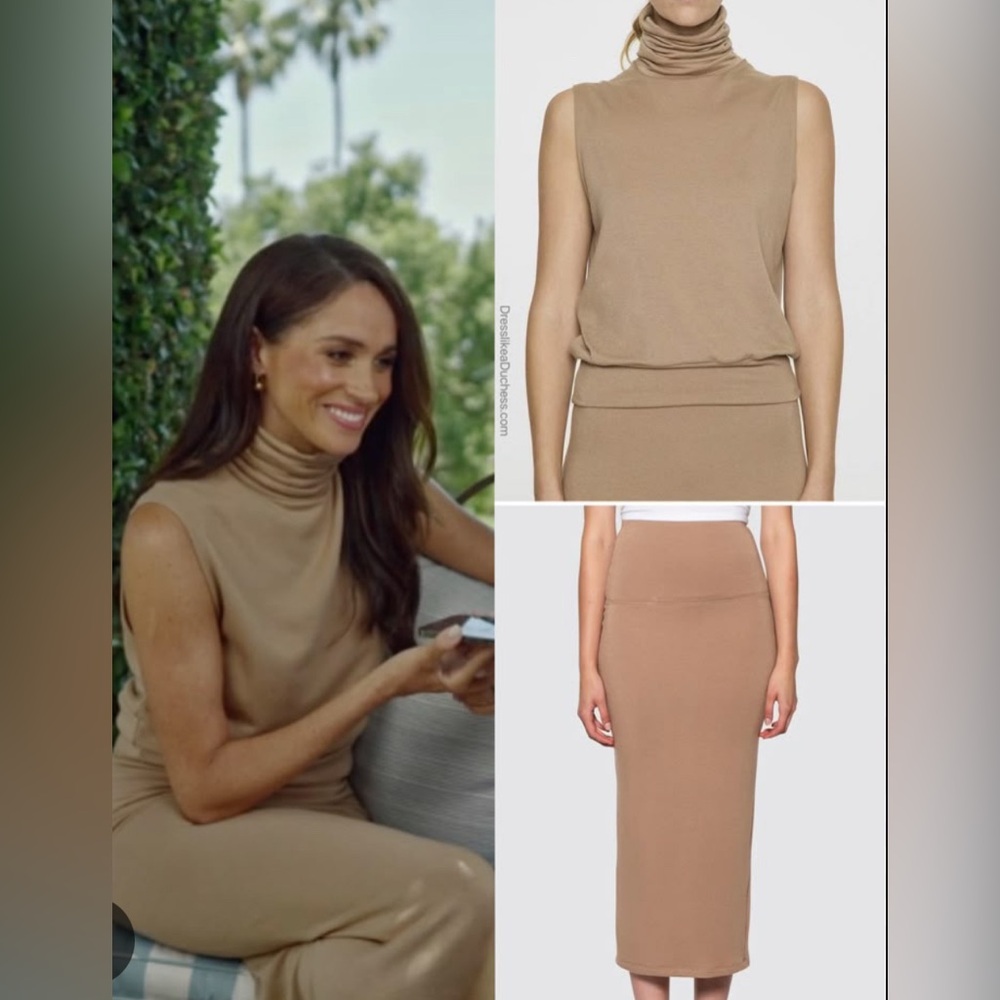 SEEN ON Meghan Markle Bleusalt camel brown nude turtleneck and skirt set NWOT